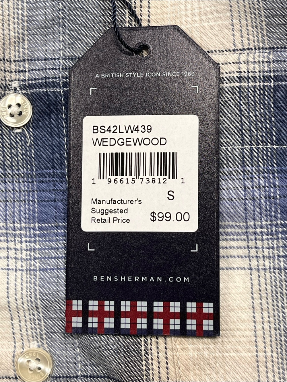 Ben Sherman Wedgewood Blue White Plaid Light Flannel Casual Button Down. Small. - Picture 9 of 10